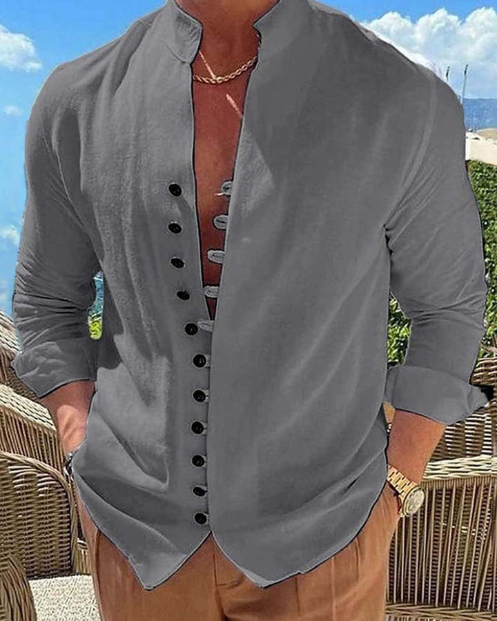 Chemise Hommes Vintage Col Mandarin Bouton