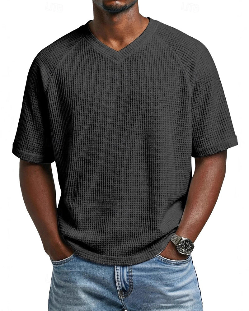 T-Shirt À Col En V En Texture Gaufrée Pour Homme, Haut Décontracté À Manches Courtes Uni