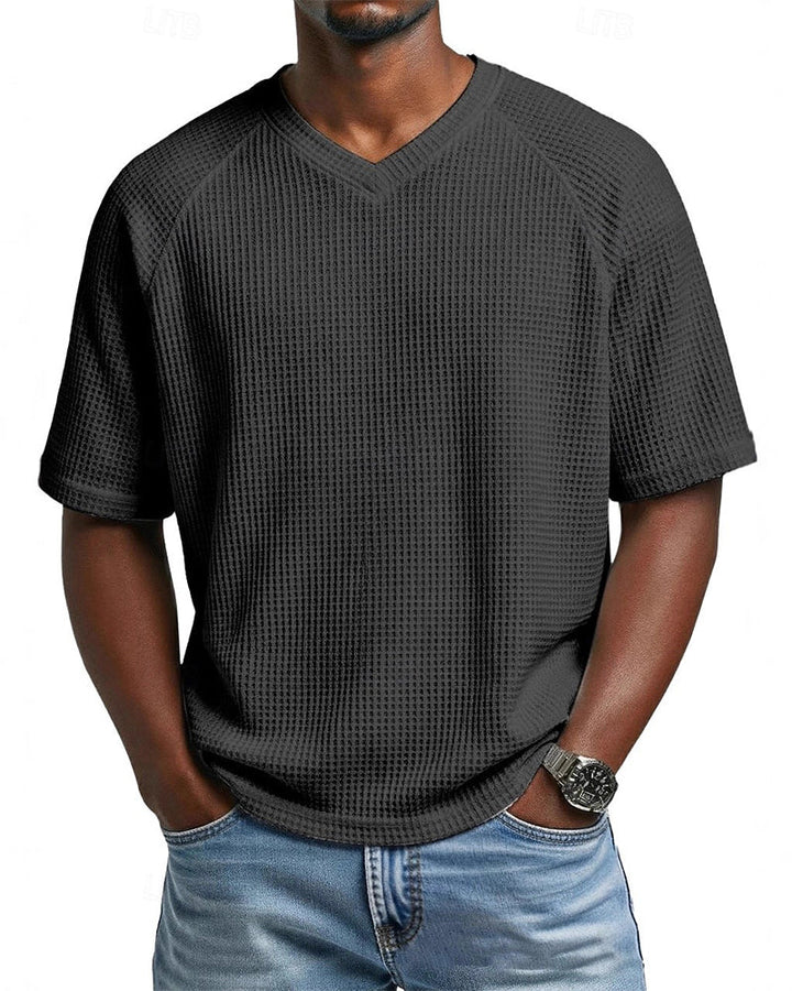 T-Shirt À Col En V En Texture Gaufrée Pour Homme, Haut Décontracté À Manches Courtes Uni