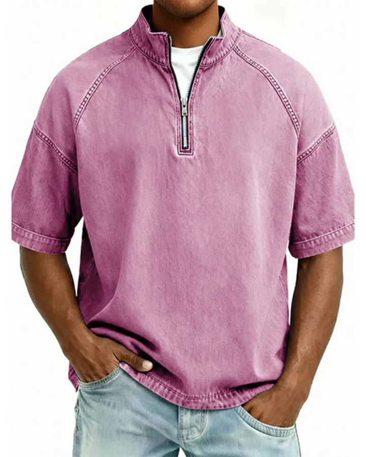 Chemise En Twill Lavé À Fermeture Éclair Manches Courtes