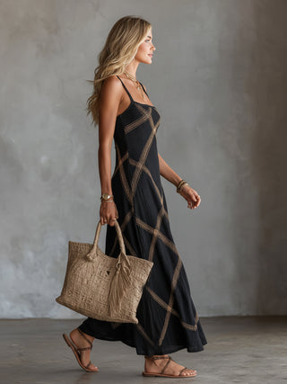 Victorine | Robe Géométrique Noire et Camel