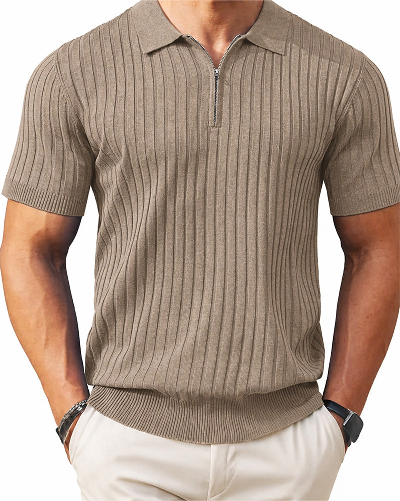 Chemises Homme Fermeture Éclair Manches Courtes Maille Côtelée Polos T-Shirts Golf
