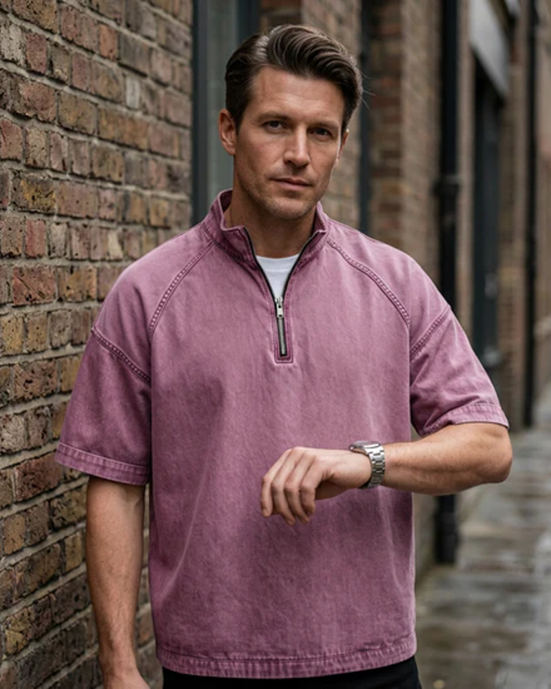 Chemise En Twill Lavé À Fermeture Éclair Manches Courtes