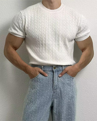 Homme Uni Tressage Col Rond Haut, Slim Décontracté Printemps Été Tricot