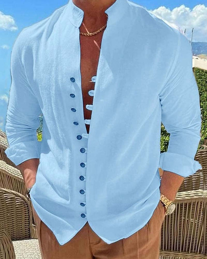 Chemise Hommes Vintage Col Mandarin Bouton