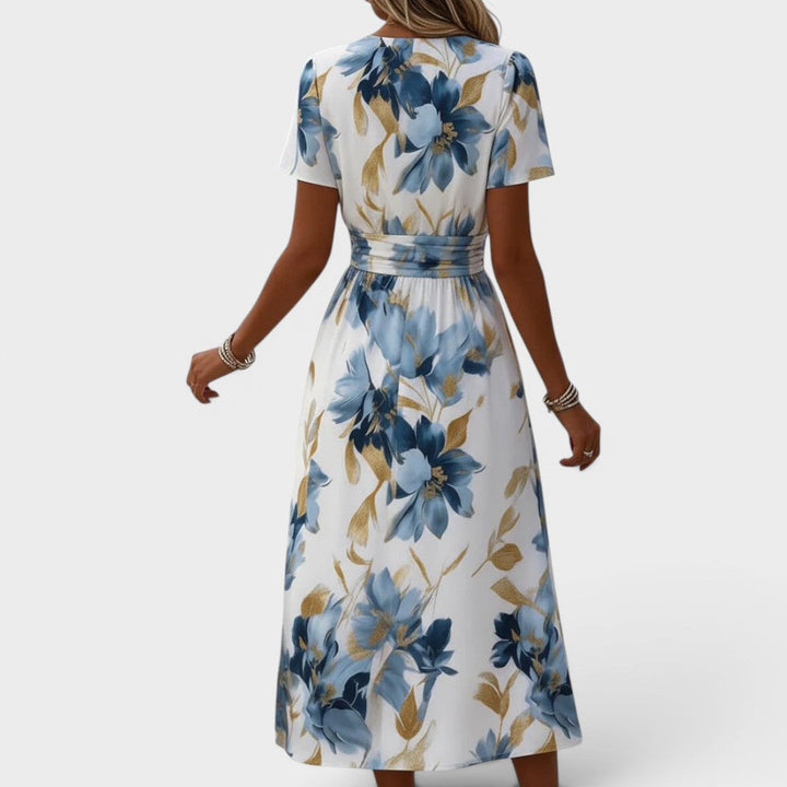 Denise | Robe Midi Fleurie Cache-Cœur à Taille Froncée