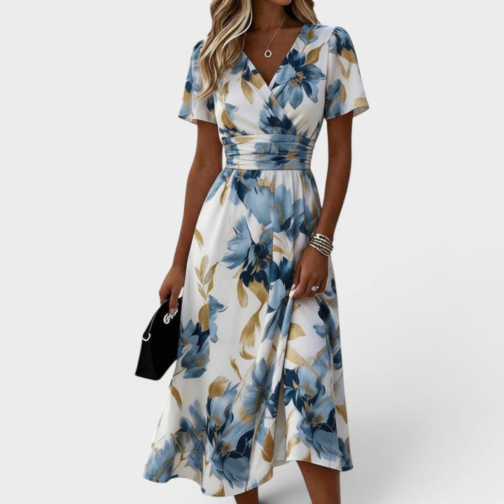 Éléa | Robe Midi Portefeuille Fleurie Dorée
