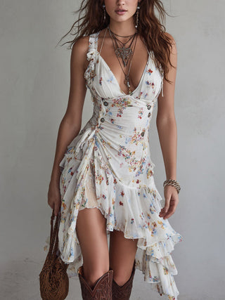 Suzette | Mini Robe Col en V, Bretelles Fines, Motif Floral Rétro