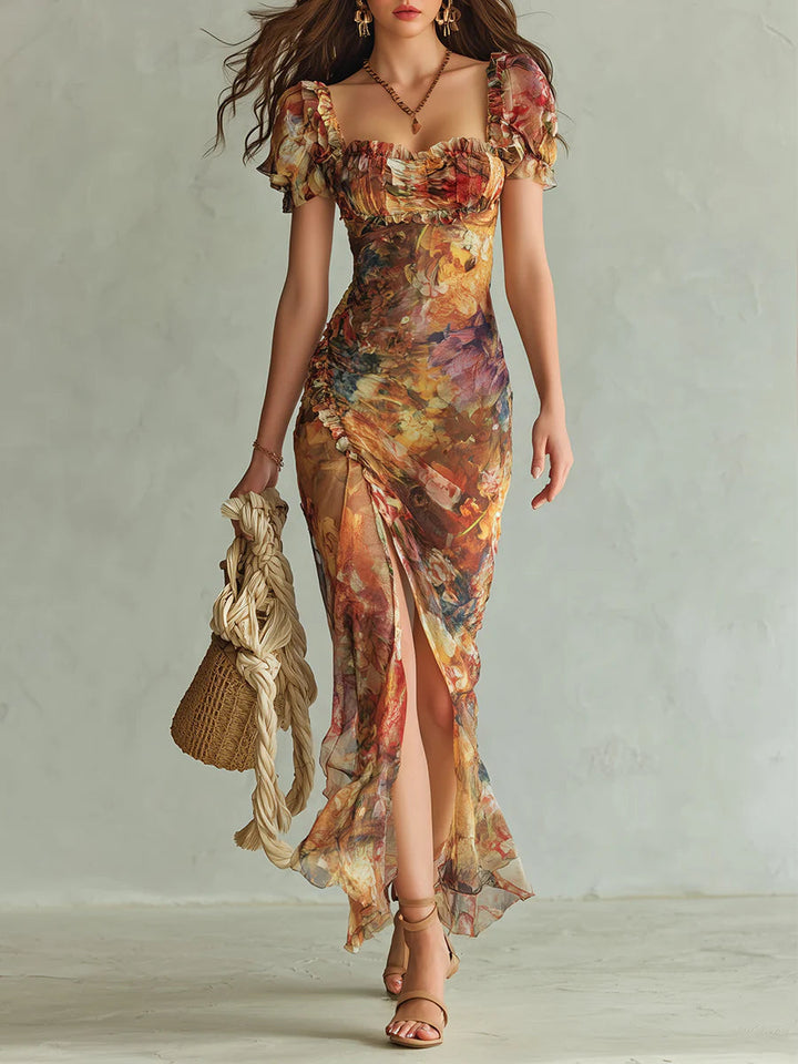 Violette | Robe maxi en mousseline orange à imprimé peinture à l&