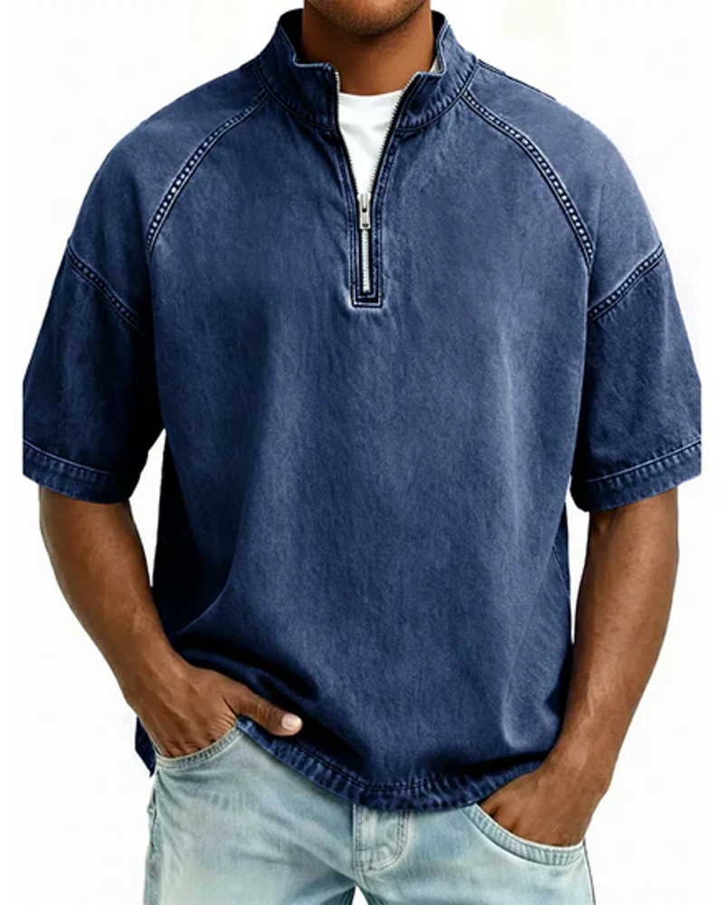 Chemise En Twill Lavé À Fermeture Éclair Manches Courtes
