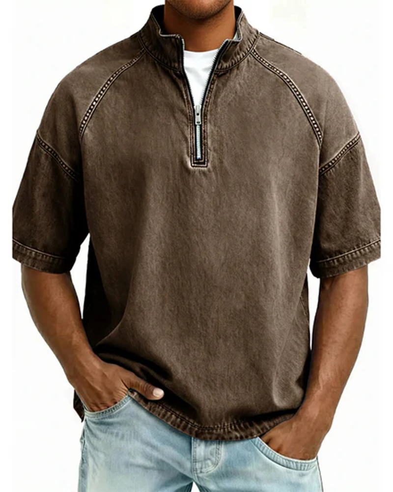 Chemise En Twill Lavé À Fermeture Éclair Manches Courtes