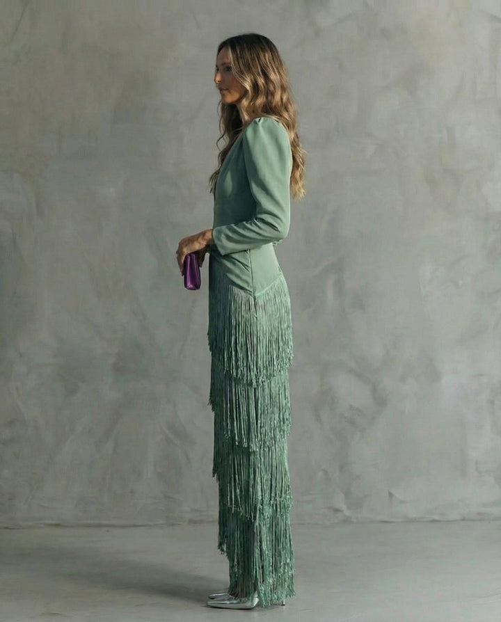 Claire™ | Robe midi élégante à manches frangées