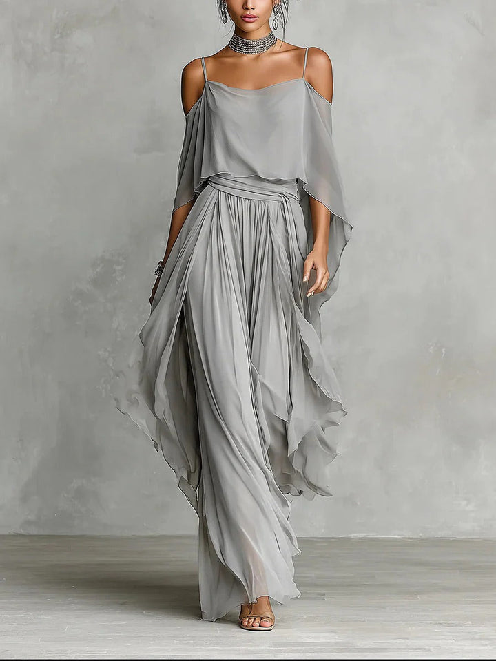 Isabelle | Ensemble fluide gris avec haut à fines bretelles et pantalon léger