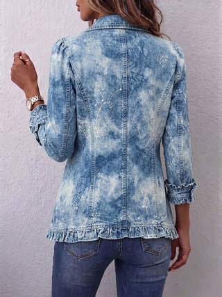 Guenièvre | Veste Bohème Botanique Vintage Dégradée Bleu à Volants