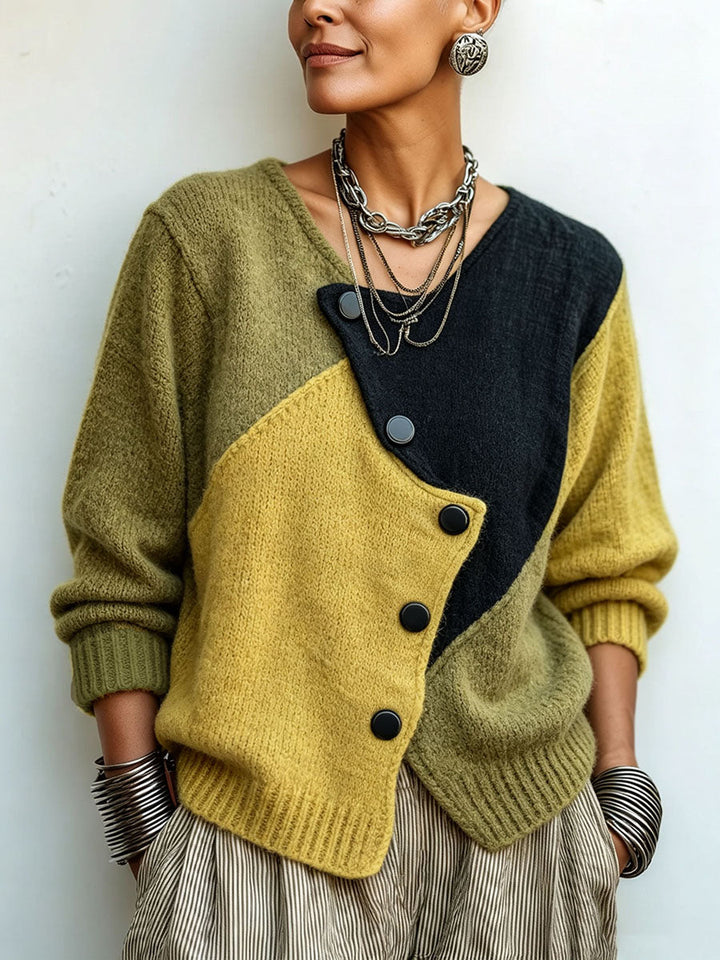 Pull en Maille Asymétrique Douillet à Blocs de Couleurs Artistiques